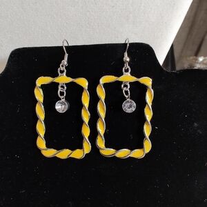Yellow And Silver Tone Twisted Rectangle Earrings With Rhinestone Accent